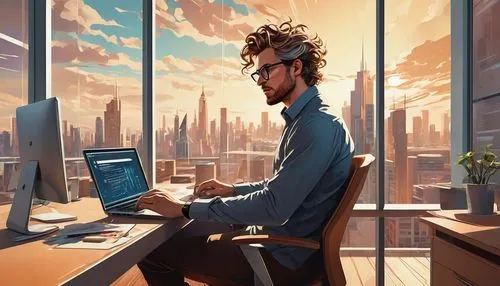 man with a computer,blur office background,modern office,world digital painting,freelancer,computerologist,digital nomads,working space,office worker,sci fiction illustration,computer business,work from home,remote work,in a working environment,illustrator,entrepreneur,inntrepreneur,telecommuter,telecommute,digital painting,Conceptual Art,Sci-Fi,Sci-Fi 06