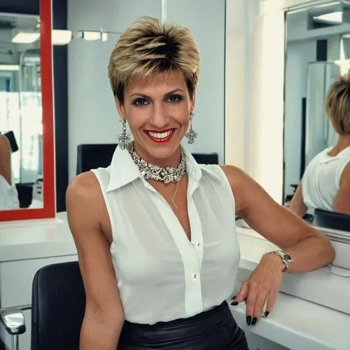 Elegant 1980s style pushed up dyed blonde-dark stretches short haircut woman in sleeveless office style lapel white blouse,  in luxurious hairdresser salon with mirrors haircut chairs, cosmetics on th