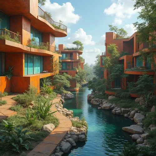 fallingwater,streamwood,creekside,waterside,riverwoods,waterview,apartment complex,river pines,lifespring,shangri,3d rendering,resort,underwater oasis,diamond lagoon,riverside,holiday complex,ecotopia,summerland,netherwood,render,Photography,General,Realistic