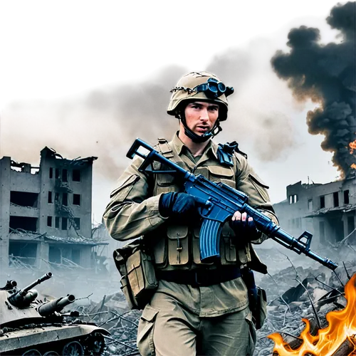 War noises, dark smoke, explosion flames, destroyed buildings, rubble debris, abandoned tanks, rusty barbed wire, worn combat boots, camouflage uniforms, AK47 rifles, bullet shells, intense facial exp