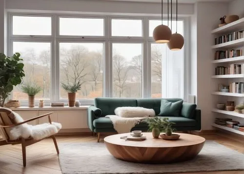 Scandinavian interior, Nordic style, cozy living room, wooden floor, minimalist decor, white walls, large windows, natural light, panoramic view, modern sofa, throw pillows, sheepskin rug, geometric p