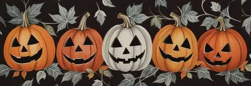 this halloween scene features carved jack - o'lantern pumpkins,decorative pumpkins,halloween background,halloween border,striped pumpkins,calabazas,halloween pumpkins