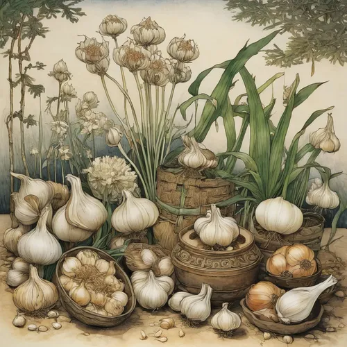 still life with onions,cultivated garlic,garlic bulbs,onion bulbs,white onions,chinese garlic,spring onions,vegetables landscape,allium giganteum,fennel bulbs,allium sativum,bulbs,garlic,clove garlic,still life of spring,persian onion,garlic chives,cloves of garlic,a clove of garlic,garlic bulb,Illustration,Paper based,Paper Based 29