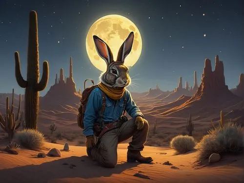 Western desert, anonymous, mysterious, jackalope, solo, standing, moonlit night, full moon, cacti, rocky terrain, sandy dunes, old worn boots, faded denim overalls, leather belt, silver buckle, cowboy