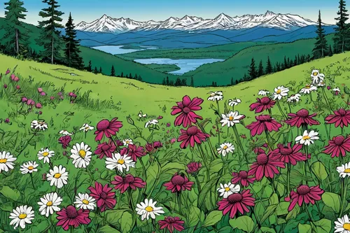 alpine meadow,mountain meadow,alpine meadows,alpine flowers,salt meadow landscape,clover meadow,wild meadow,the valley of flowers,wildflowers,spring meadow,alaska,summer meadow,field of flowers,flower painting,montana,flowering meadow,meadow landscape,flower field,flower meadow,tatras,Illustration,American Style,American Style 13