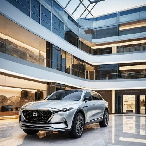 Modern car dealership, sleek glass façade, silver aluminum framework, LED lights illuminating the showroom, spacious interior with high ceiling, white marble floors, luxurious waiting area with leathe