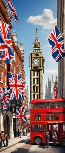 London cityscape, Lego bricks, colorful buildings, detailed windows, intricate roof structures, iconic Big Ben clock tower, Westminster Bridge, Thames River, pedestrians walking, vintage double-decker