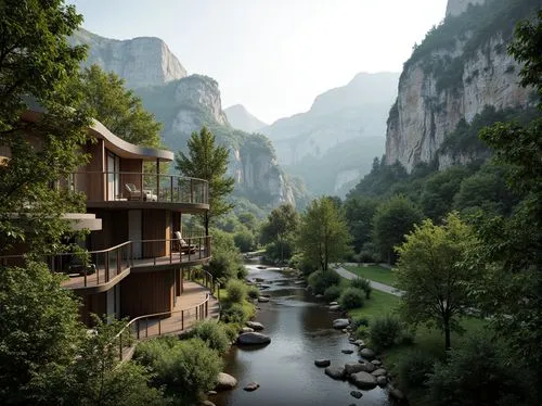 Serene mountainous backdrop, lush green forests, meandering rivers, rugged rock formations, blending modern architecture, cantilevered structures, glass facades, wooden accents, natural stone walls, c