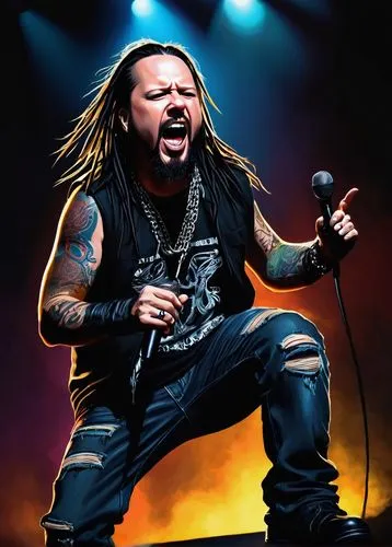 Jonathan Davis fanart, male, 30s, vocalist, Korn, nu-metal, goatee, black hair, sleeveless shirt, silver chain necklace, ripped jeans, black boots, microphone, concert stage, spotlight, screaming crow