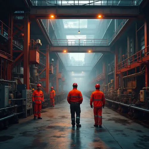 Industrial factory setting, red accents, steel beams, concrete floors, machinery, pipes, valves, control panels, warning signs, bright red safety helmets, reflective vests, bold red stripes on worker 