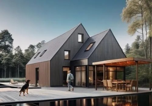 child playing with dog,inverted cottage,timber house,danish house,wooden house,arkitekter,pool house,house in the forest,dunes house,frisian house,forest house,cubic house,house with lake,summer house