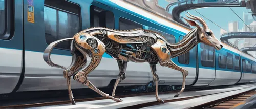 passenger gazelle,animal train,commuter,loukaniko,light rail,skytrain,light rail train,exoskeleton,terrestrial animal,oryx,anthropomorphized animals,arthropod,commute,the transportation system,gazelle,public transportation,sky train,transport,sci fiction illustration,conductor,Conceptual Art,Sci-Fi,Sci-Fi 03