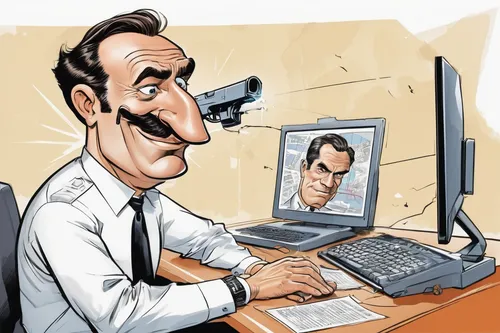 Imagine a thrilling spy mission where the protagonist hacks into a secure network.,videoconferencing,caricature,distance learning,caricaturist,man with a computer,video conference,distance-learning,vi