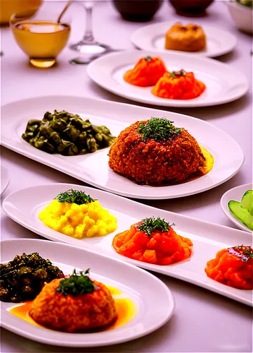 Delicious catering food, assorted dishes, colorful presentation, steaming hot, golden brown, savory aromas, fine dining, restaurant quality, elegant plateware, white tablecloth, softbox lighting, 3/4 