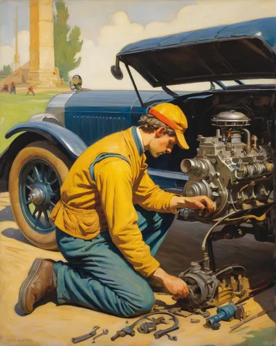 mechanic,car mechanic,auto mechanic,austin 16 hp,car repair,changing the oil,automobile repair shop,automotive care,auto repair,tinkering,rolls royce 1926,austin 7,automotive engine timing part,bicycle mechanic,illustration of a car,8-cylinder,repairs,delage d8-120,internal-combustion engine,automobile,Art,Classical Oil Painting,Classical Oil Painting 20