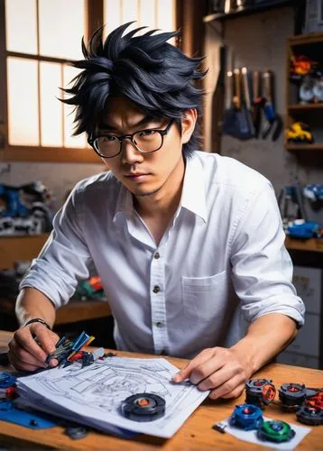 Takahiro Takao, Beyblade creator, Japanese, middle-aged, black hair, glasses, casual wear, white shirt, dark jeans, sneakers, standing, workshop, tools scattered around, workbench, various Beyblade pa