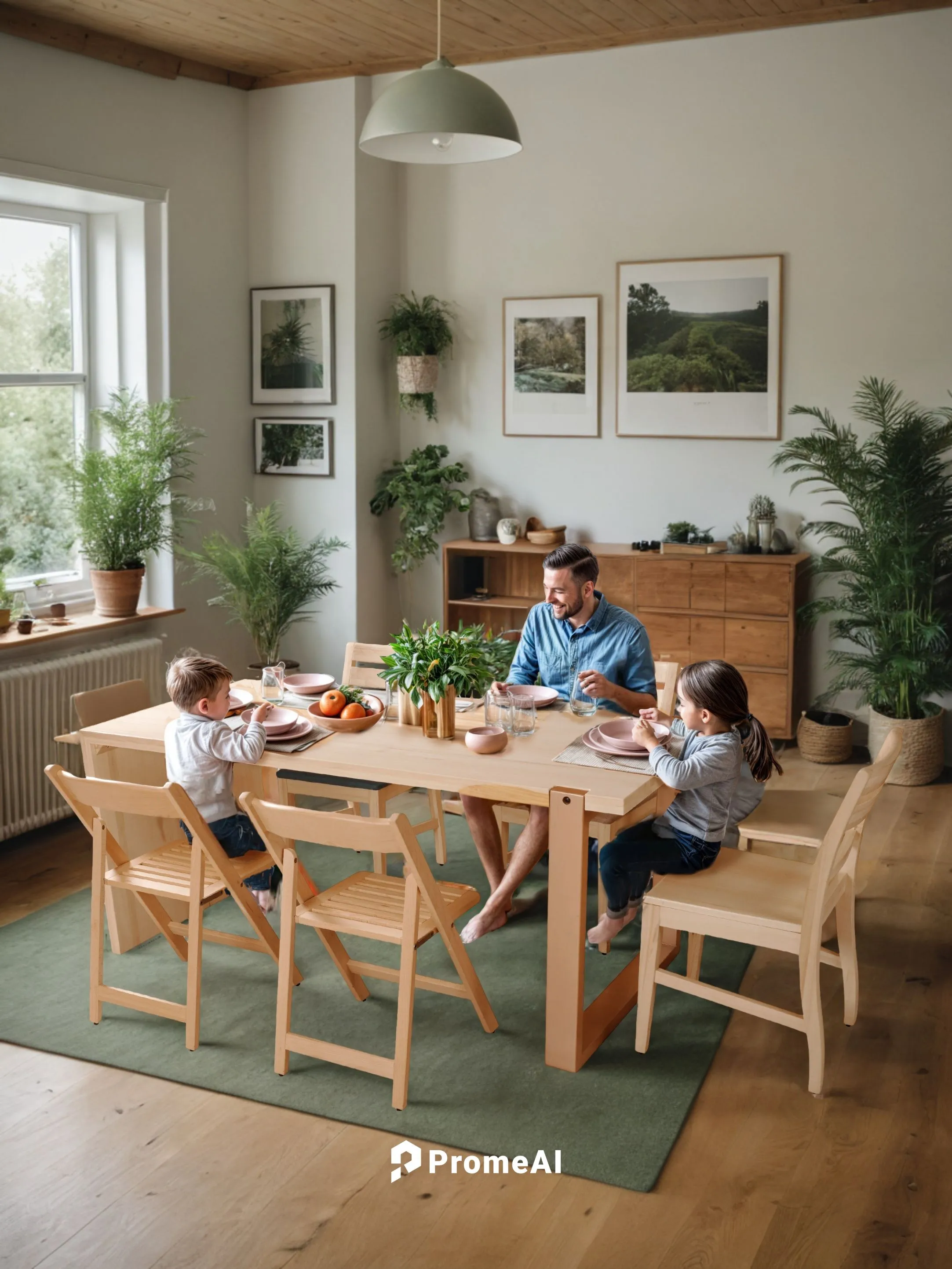 明亮的房間，原木的地板，許多的綠植，沒有沙發,there are two adults and two children sitting at a table,cohousing,danish furniture,children's interior,breakfast room,dining table,children's room