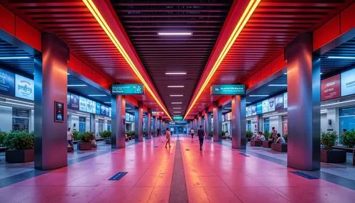 Vibrant urban metro station, bold color scheme, contrasting hues, dynamic lighting effects, sleek modern architecture, stainless steel columns, futuristic LED displays, glowing wayfinding signs, high-