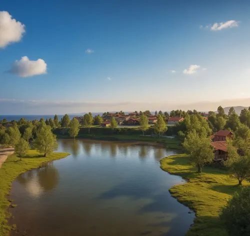 a lake is surrounded by lush trees and houses,golf resort,feng shui golf course,pei,golf course background,polders,waterland,golf landscape,kastellet,falsterbo,dutch landscape,nordfriesland,polder,arb