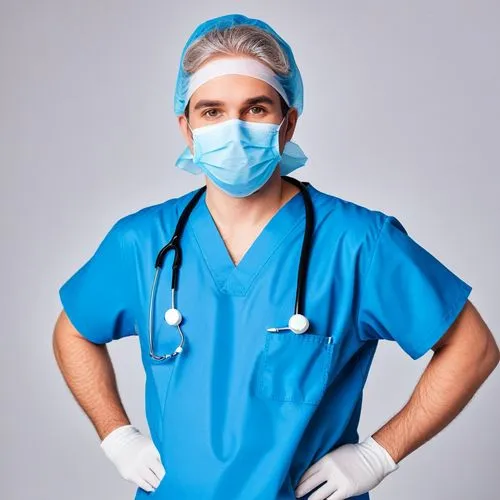 a man wearing scrubs is standing with his hands on his hips,anesthetist,anaesthetist,anesthesiologist,healthcare worker,surgical mask,anesthesiologists