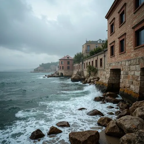 Rugged coastal scenery, crashing waves, salty sea air, weathered brick facades, robust masonry, textured stone walls, durable mortar joints, reinforced foundations, storm-resistant structures, wind-ba