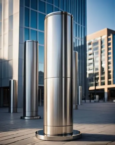 Modern column design, sleek metallic material, silver chrome finish, minimalist ornamentation, slender cylindrical shape, smooth rounded edges, futuristic ambiance, urban cityscape background, daytime