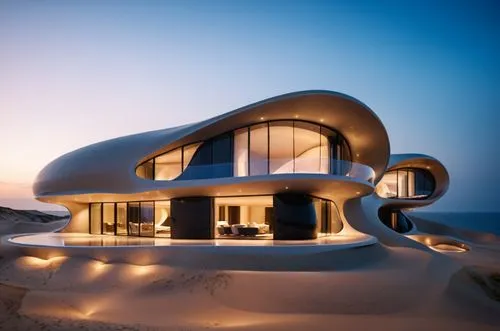 Sand dunes by the ocean, sand colored finish,a large, white circular structure in the middle of a desert,dunes house,futuristic architecture,beach house,dreamhouse,modern architecture,house of the sea