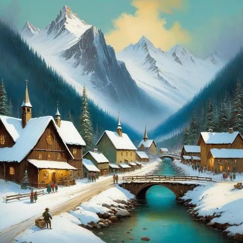 winter village,alpine village,christmas landscape,mountain village,aurora village,winter landscape,nativity village,mountain settlement,snow landscape,ski resort,snow scene,christmas town,snowy landscape,winter background,mountain huts,christmas snowy background,korean village snow,north pole,christmas village,escher village,Art,Classical Oil Painting,Classical Oil Painting 44