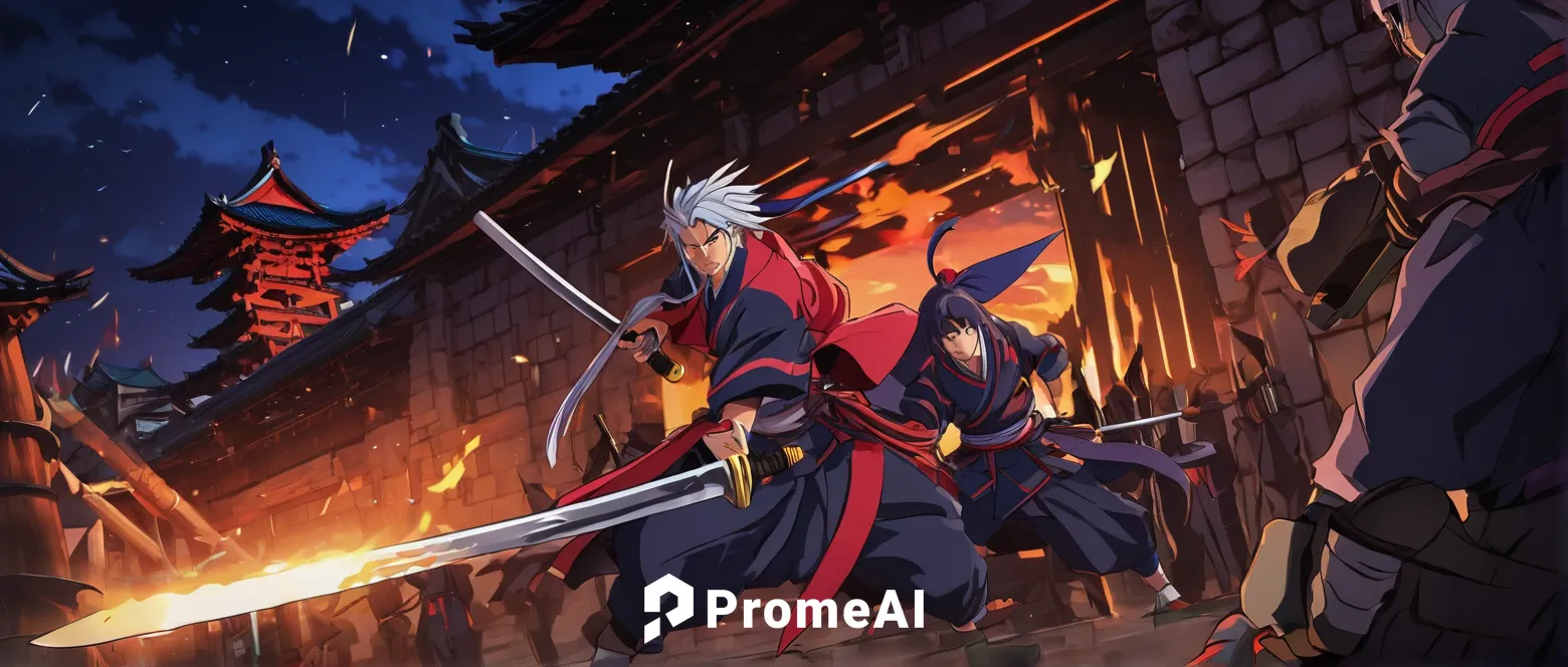 Craft a suspenseful scene as Musashi sneaks into the enemy's fortress under the cover of darkness.,dragon slayer,swordsman,splitting maul,samurai,dragon li,dragon slayers,swordsmen,shinobi,samurai fig