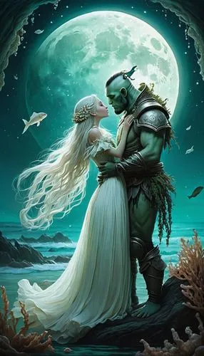 fantasy picture,romantic scene,green mermaid scale,fantasy art,warrior and orc,mermaid background,herfstanemoon,emerald sea,green aurora,rusalka,shepherd romance,fantasy portrait,the sea maid,love in the mist,mergus,romantic portrait,the hands embrace,man and wife,embrace,lover's grief,Illustration,Abstract Fantasy,Abstract Fantasy 06