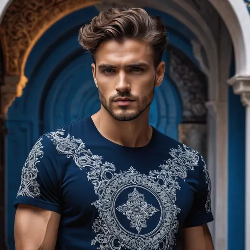 young model istanbul,paisley pattern,moroccan pattern,indian paisley pattern,moroccan,male model,majorelle blue,men's wear,long-sleeved t-shirt,islamic pattern,damask,blue peacock,persian,print on t-shirt,poseidon god face,dark blue and gold,navy blue,poseidon,pakistani boy,ethnic design,Photography,General,Natural