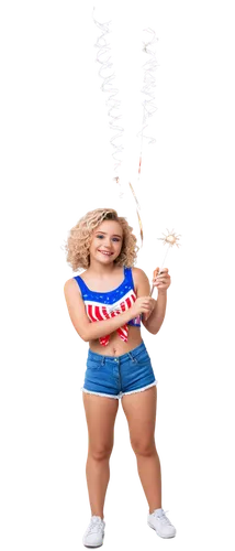 American girl, festive outfit, solo, (18yo), bright smile, blue eyes, curly blonde hair, red white and blue makeup, star-spangled swimsuit, high-waisted denim shorts, sneakers, holding sparklers, patr