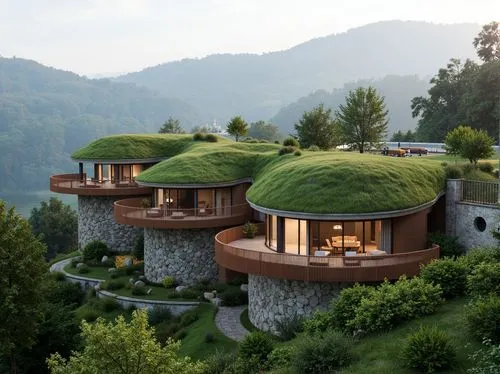 grass roof,tree house hotel,treehouses,roof domes,roof landscape,earthship,tree house,house in the mountains,cubic house,house in mountains,turf roof,beautiful home,treehouse,dreamhouse,tulou,greenhut,forest house,cube house,futuristic architecture,cube stilt houses