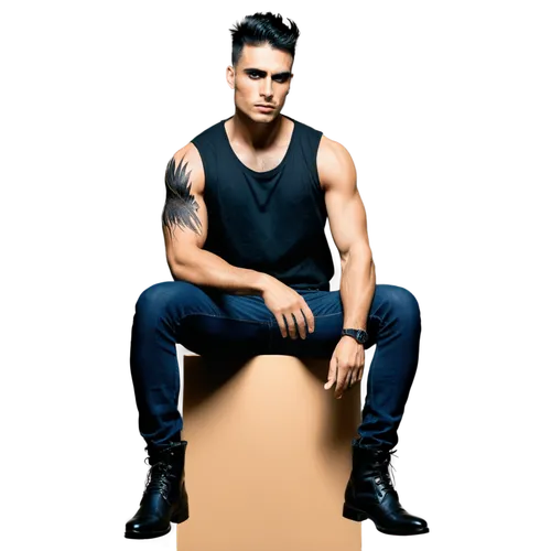 Skull, feather tattoo, male, muscular arm, sleeveless shirt, dark jeans, boots, intense gaze, sharp jawline, messy black hair, bold eyebrows, mysterious atmosphere, dramatic lighting, shallow depth of