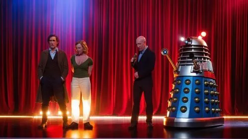 Paul Mcgann, India Fisher, Alex Macqueen and a Dalek on stage,daleks,dalek,skaro,timelords,regenerates,exterminated,exterminate,torchwood,regenerated,bbc,chibnall,mcgann,regeneration,doctor who,dwm,va