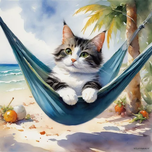 hammock,cat resting,hammocks,sunlounger,calico cat,hanging cat,deckchair,hanging chair,aegean cat,cat-ketch,idyllic,cat european,american curl,cat image,cute cat,dream beach,beach chair,leisure,turkish van,watercolor cat,Conceptual Art,Oil color,Oil Color 03