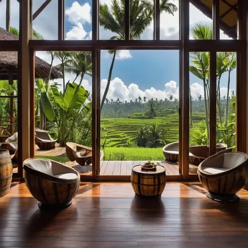 ubud bali, resort, consist of bottles, wood plank floor, large steel windows, jazcuzzi inside, special wood barrel chairs, the film light, panoramic shot, is very breathtaking, very realistic, 8k qual