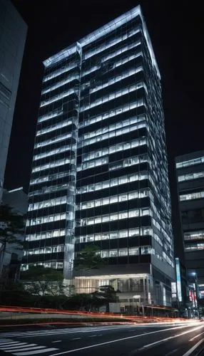 MGA (Metropolitan Government Agency) building, modern skyscraper, sleek lines, silver glass windows, white stone exterior, angular structure, LED lights strip, cityscape background, busy streets, Toky