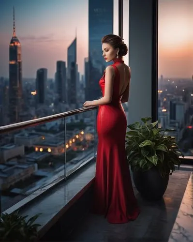 Modern 49-story skyscraper, luxurious apartment interior, mature lady, elegant hairstyle, minimal makeup, red evening dress, high heels, standing by floor-to-ceiling windows, overlooking cityscape, ur