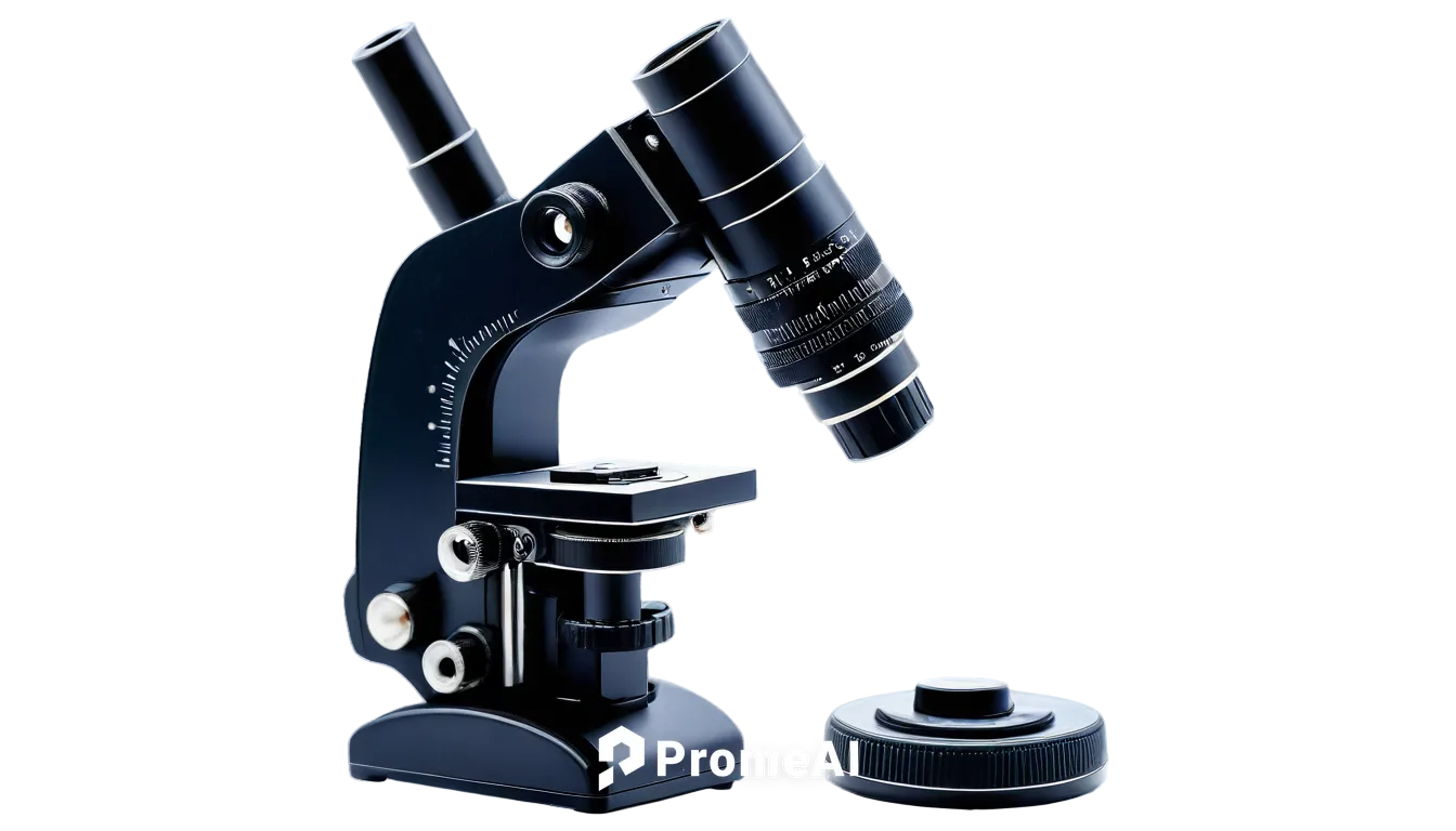 Microscope, laboratory equipment, metallic body, circular eyepiece, adjustable focus knob, stage clips, illumination system, coarse adjustment handle, fine adjustment knob, black rubber grip, desktop,