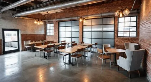 restaurant with concrete floors, chandeliers, shabby chic, off white limewash walls, ,a brick walled room with a long table, chairs and sofa,taproom,chefs kitchen,brewpub,contemporary decor,collaborat