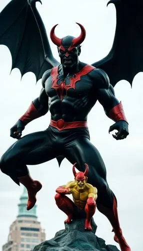 satan,a statue of a man with two horns in front of a building,nininger,surtur,devilman,trigon,bedevil,gargoyles