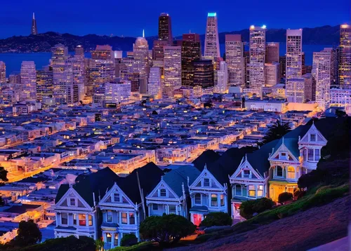 san francisco,sanfrancisco,colorful city,bay area,city lights,row houses,beautiful buildings,city at night,row of houses,citylights,cityscape,transamerica pyramid,evening city,city skyline,city scape,san francisco bay,city cities,west coast,wooden houses,fantasy city,Illustration,Paper based,Paper Based 17