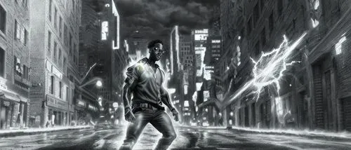 sci fiction illustration,black city,pedestrian,walking man,world digital painting,metropolis,dystopian,cyberpunk,a pedestrian,superhero background,digital compositing,blind alley,city in flames,cg artwork,citylights,standing man,silver rain,matrix,the street,dystopia,Art sketch,Art sketch,Ultra Realistic