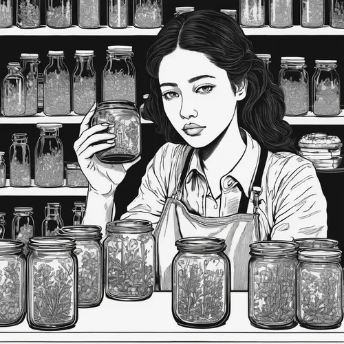 Create a suspenseful story set in a laboratory in Oxford, where mysterious jars hold deadly secrets.,apothecary,jars,pickling,coffee tea illustration,herbal medicine,siberian ginseng,empty jar,han tho