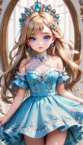 cinderella,alice,tiara,jessamine,doll dress,fairy tale character,dress doll,portrait background,princess crown,fairy queen,artist doll,crinoline,azure,tsumugi kotobuki k-on,hydrangea background,rococo,spring crown,doll looking in mirror,transparent background,venetia,Anime,Anime,General