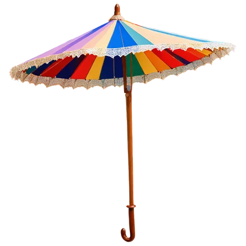 Colorful parasol, round shape, striped pattern, bright colors, wooden handle, delicate lace details, soft fabric, gentle folds, opened posture, morning sunlight, warm lighting, shallow depth of field,