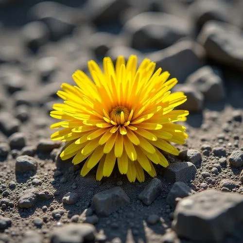 The image displays a bright, vivid yellow dandelion flower resting on a grey, rough-textured stone surface. The dandelion's numerous slender petals radiate outward, creating a densely packed circular 