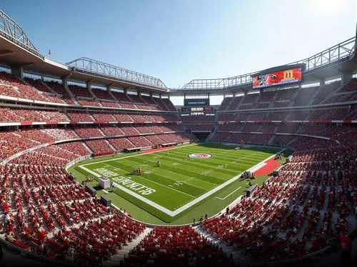 Grand football stadium, tiered seating arrangement, vibrant team colors, comfortable spectator chairs, ergonomic design, ample legroom, inclined rows, upper deck views, lower bowl seats, VIP luxury su