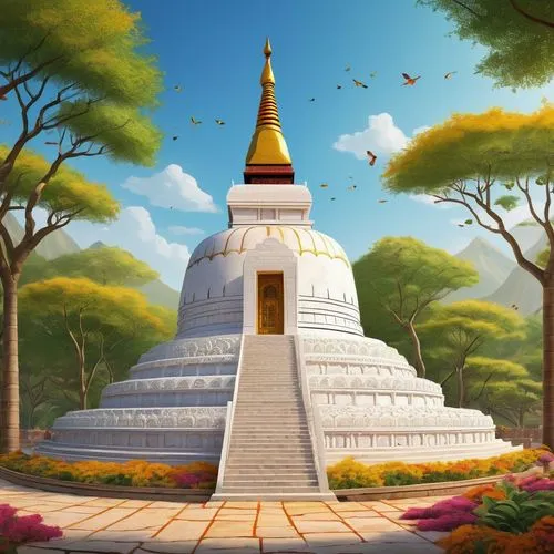 Ancient Indian architectural design, The Great Stupa, majestic, intricate carvings, ornate decorations, white marble structure, golden umbrella on top, vibrant colors, Buddhist theme, serene atmospher